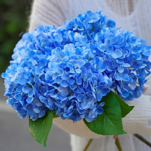 IPLNTS 5 Pcs 18.5 inch Faux Silk Blue Hydrangea Artificial Flowers, Fake Flowers with Stems, for Wedding Bouquets Home Decor Table Centerpieces Outdoor Office Family Party Decoration