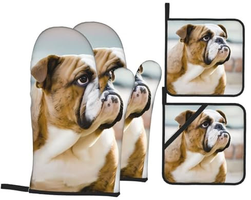 Chrysm Lustige Ofenhandschuhe und Topflappen-Set, Motiv: englische Hunde, Küchenhandschuhe, Mikrowelle, Grill, hitzebeständig