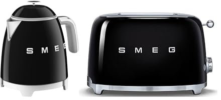 Smeg 50’s Style Retro Range Breakfast Set, 0.8L 1400W Mini Kettle and Multi-Functional Control 2-Slice 950W Toaster, Black, KLF05BLUK/ TSF01BLUK