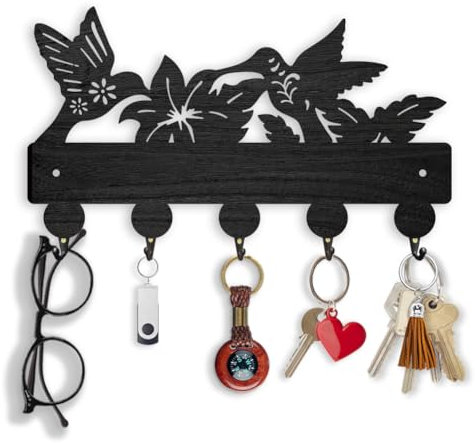 ORIGACH Blumen und Kolibris Holz-Schlüsselhalter für die Wand 30×16.9cm Schlüsselhalter Holz mit 5 Metallhaken Wandmontierte Vogel-Schlüsselhaken für die Haustür Küche Eingangsbereich Flur