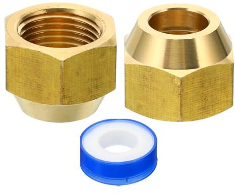 PATIKIL Dado a Compressione Ottone 1/2 SAE, 2pz Raccordo a Tubo Flangiato Rame a 45 Gradi Raccordo a Tubo in Ottone con Tappo Nastro per Condizionatori d'Aria Linee Acqua Gas, Lucido
