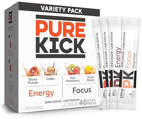 PURE KICK Energy and Focus Singles To Go - Mezcla de bebidas, paquetes surtidos, naranja sangre, café, fresa, kiwi y mango melocotón, 40 unidades (paquete de 1)