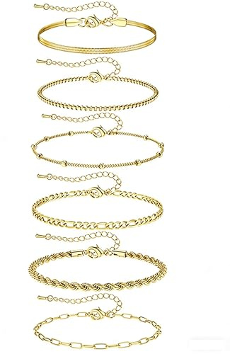 Krfy 6 Stück Armband Damen Gold 14 K Edelstahl Charm Wasserfest Modeschmuck Armkette Fischgrätenmuster Büroklammer Set