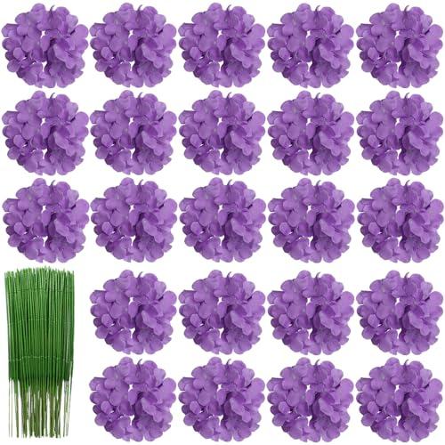 HinyoCo 28 Stück Seide Hortensie Blumen,18 cm Künstliche Blumen Köpfe mit Stielen für uhause Hochzeits Dekoration (Lila)