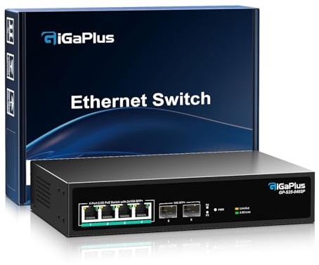 6 Ports 2.5Gb Unmanaged PoE Switch mit 4*2.5G Base-T PoE Ports, 2*10G SFP+ Uplink, 802.3af/at (PoE+), 60 Gbit/s Schaltkapazität, GigaPlus 2.5G PoE Switch für 2.5 Gb NAS/PC, WiFi6 Router, Wireless AP