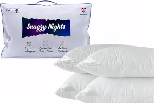 adsin Quilted Bed Pillows 4 Pack Hotel Quality (48cm x 74cm), Hypoallergenic & Breathable Cover, Soft & Supportive Bounce-Back Hollowfibre Luxury Pillows for Stomach, Back & Side Sleep, Standard Size