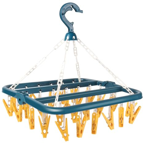 lohey Foldable Clothes Drying Rack with 32 Clips, Space-Saving Sock Hangers for Drying, Multi-Functional Clothes Pegs for Washing Line for Hats, Shoe Insoles, Underwear, Baby Clothes