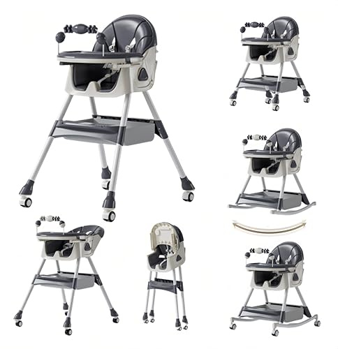 Veitoalioy Seggiolone per Bambini Sedia da Pranzo per Multifunzionale con Doppi Vassoi Staccabili e Ruote Pappa con modalità oscillazione e Schienale Regolabile a 3 velocità (560 Grey)