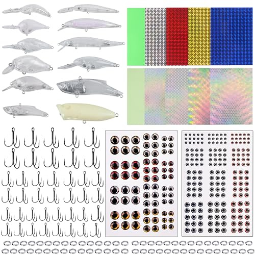 JOGFFDE unbemalte Angelköder Herstellung Kit, 378pcs DIY Blank Lure Crankbaits Minnow Hard Bait Set mit Drilling Hooks Split Rings Fish Eyes Lure Aufkleber DIY Angelausrüstung Kit