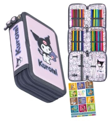 St. Majewski - Federmäppchen 3 Fächer - Mäppchen für Mädchen und Jungen - Federmappe 3-Fach Federtasche Gefüllte Schüleretui Schulmäppchen und Hausaufgabenheft - Kuromi