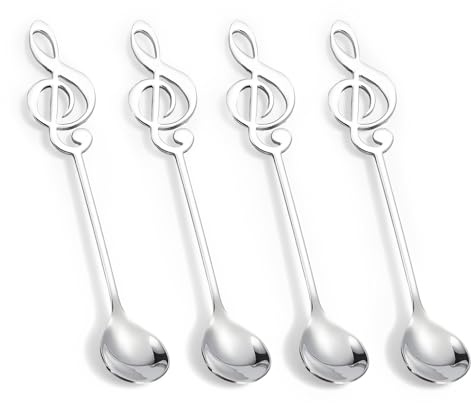 Ztolbriy Kaffeelöffel Set 4 Stück – Dessertlöffel mit Musiknote Design, kleine Löffel aus Edelstahl, Musik Geschenk für Kaffee, Tee, Eis & Zuhause – Silber
