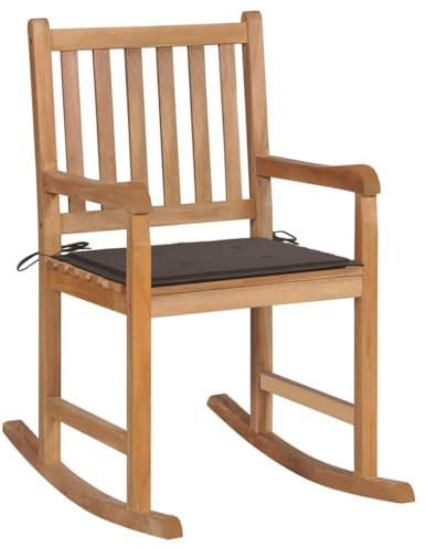 Mecedora de Teca Maciza con Cojín, Silla Mecedora para Interior y Exterior, Resistente a la Intemperie y Soporte Ergonómico, Sillón Balancín para Jardín o Terraza, Color Topo, 58 x 92.5 x 106 cm