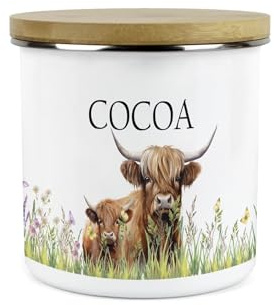 Purely Home Highland Cow & Calf Personalised Kitchen Storage Canister - Countryside Farm Metal Enamel Food Storage Container