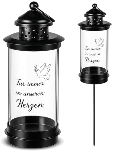 Nezyo Grablaterne mit Erdspieß Grablaterne Friedhof Wetterfest 49,5 cm | Grablampe, Laternen für Draußen, Laterne auf Stab, Grablicht mit 2 Aufkleber, Grabschmuck für Opa Oma Papa Mama, Schwarz