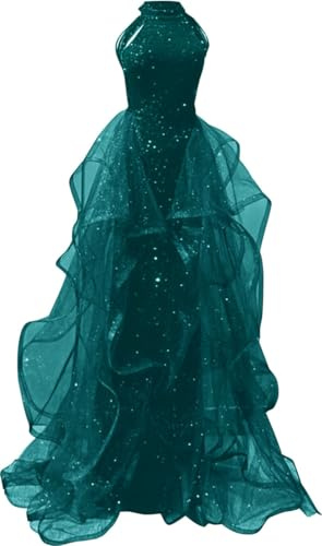 WSEYU Hög hals paljetter vardaglig brudklänning för bröllop bal klänning veck cocktailklänningar plusstorlek, grön (Peacock green), 54 SE/Plus