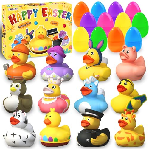 XIMISHOP 12 PCS Filled Easter Eggs with Rubber Bath Ducks，Cute Yellow Easter Bath Ducks Easter Rabbit Duckies for Colorful Egg Hunt Basket Fillers Kids Bath Tub Toys