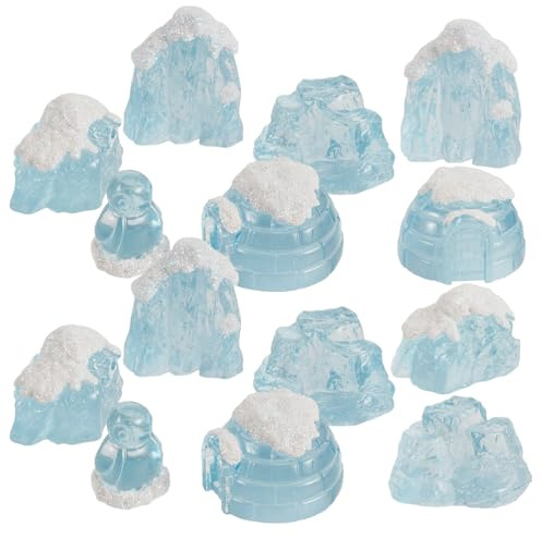 FONDOTIN 15 Stück Teiliges Mini Winter Deko Set mit Resin Pinguin Figuren Eisberg Schneehütte Schneeberg Realistische Miniatur Antarktis Landschaft für Kuchen Aquarium Party Basteln und