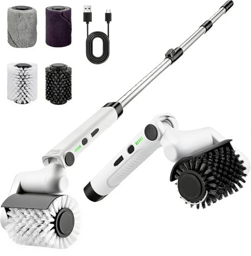 Electric BBQ Grill Brush, Cordless Power Brush with 2-Speed & IPX7 Waterproof, Multi-Function Electric Barbecue Grill Cleaner Kit for Outdoor Grill, 4 Heads, Telescopic Pole, USB-C Charging