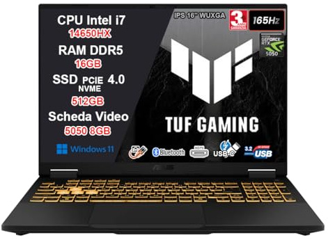 ASUS TUF Gaming F16 Intel i7-14650HX, RTX 5050 8GB GDDR7, 16GB DDR5, SSD 512GB, pantalla 16 WUXGA IPS 165Hz G-SYNC Anti-Glare, Thunderbolt 4, HDMI 2.1, LAN, Wi-Fi 6E, Windows 11 Home, 36 meses