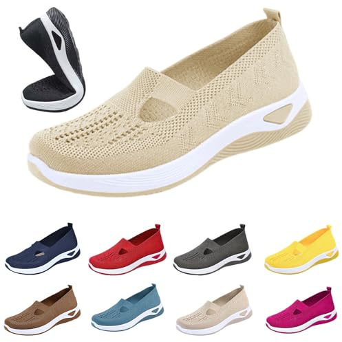 Slip On sneakers dam, sommarskor dam bekväma, ortopediska tofflor sommar promenadskor lätta slip-skor andas damlöparskor mjuka sportskor bekväma mjuka sulor damskor, Beige, 41 EU