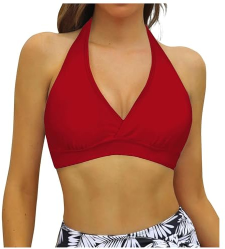 Bikini Donna Top Triangolo Imbottito Reggiseno Scollo a V con Allacciatura al Collo e Supporto Leggero Push Up Bikini Set Imbottito Reggiseno Push up Sportivi Triangolo Sexy Soft Spiaggia (Red, M)