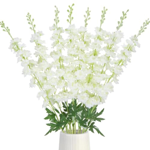 8PCS White Artificial Delphinium Flowers 33.5 Long Stem Silk Flowers | Faux Delphinium Flower Tall White Artificial Flower Fake Larkspur Flower for Tall Vase Wedding Table Floral Arrangement Decor