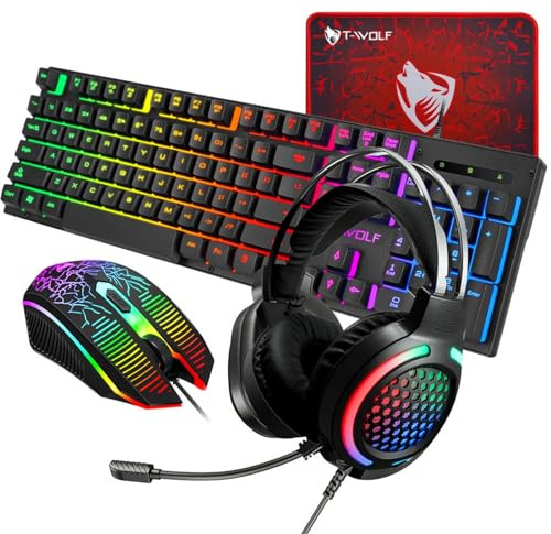 Gaming Keyboard and Mouse Set, 4 in 1 Wired RGB Accessories Bundle with Headset, Mouse Pad, 104 Key Full Size Keyboard for PC Mac Xbox PS4, Black