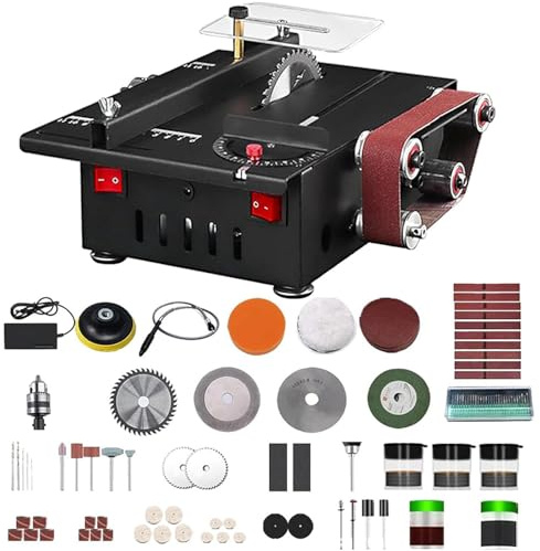 Mini Sega da Banco Elettrica 600W, Sega Multifunzionale da Banco 6000RPM con Levigatrice a Nastro & Kit Incisione, Macchina da Taglio Regolabile 0-90° per Legno Metallo Acrilico DIY