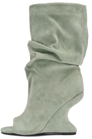 LVJMJ Dam öppen tå kilstövlar säckiga rynkade mitt vaden stövlar PU mikrofiber platåklackar vår sommar mode stövlar
