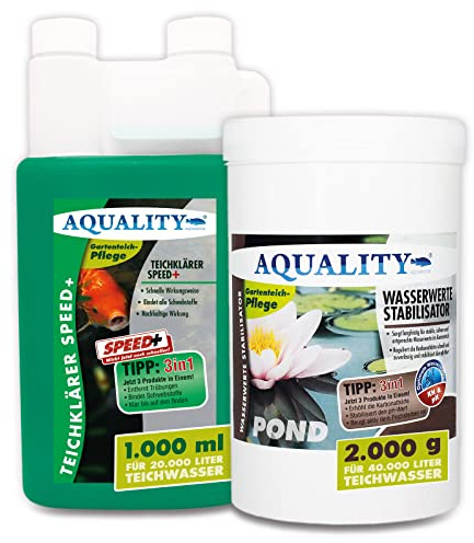 AQUALITY Klarwasser Teichpflege-Komplettset (Set mit Teichklärer und Wasserwerte Stabilisator für einen klaren Gartenteich, nachhaltige Wirkung), Inhalt:20.000 Liter