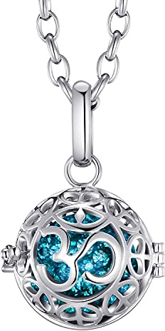 Morella Collar de Acero Inoxidable 70 cm con Colgante Mantra Om y Bola de resonancia de circonita de Color petróleo Ø 16 mm para Damas en Bolsa para Joyas