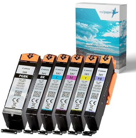 realpaper Bundle 6 Originale Canon Setup Druckerpatronen PGI-580/ CLI-581 mit Photoblau passend für die Drucker Canon Pixma TS8250 TS8350 (a) TS8351 (a) TS9150 [+25 Blatt Fotopapier der Marke
