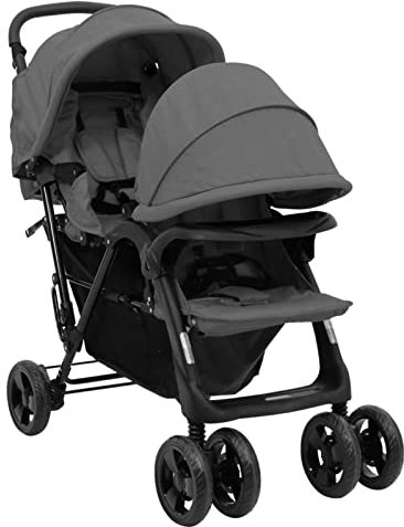 Tidyard Geschwisterwagen mit verstellbare Dach & Ablagekorb doppelte Doppelkinderwagen Kinderwagen 2 In 1 Zwillinge Buggy Zwillingspuppenwagen zusammenklappbar Dunkelgrau Stahl