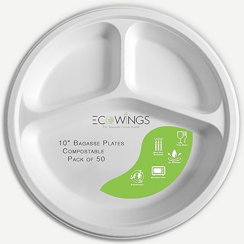ECOWINGS 10 Inch 3-Compartment Bagasse Disposable Plates, Pack of 50 – Compostable Divided Dinner Plates for BBQs, Parties, Meal Prep, Curry, Rice & Sides
