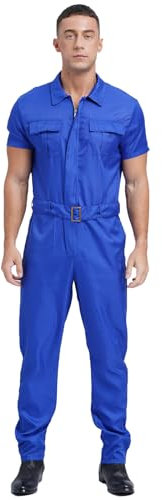 Sywiyi Herren Kurzarm Overall Jumpsuit Lange Einteiler Arbeitsoverall mit Gürtel Zipper Maleranzug Arbeitskleidung Blau S