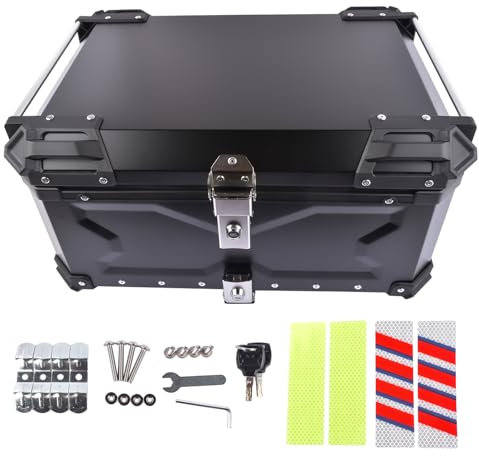 GLOSSY AUTO PARTS Bauletto per moto 65L nero, bauletto universale impermeabile in alluminio per moto con serratura di sicurezza per il deposito del casco