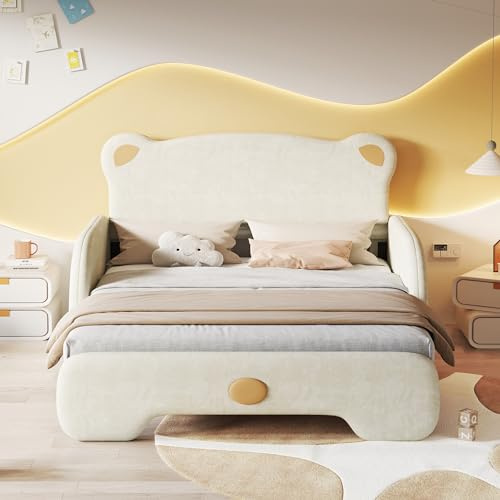 SUKY Letto matrimoniale a forma di orso, 140 x 110 cm e 140 x 200 cm, letto imbottito, lettino per bambini, letto da giorno, letto estraibile, con bordi protettivi morbidi, con doghe in legno, velluto