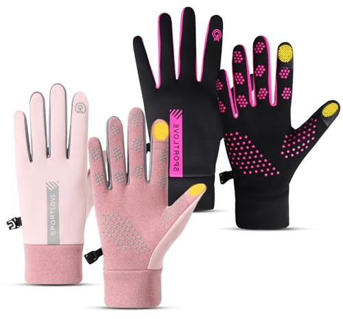2 Pairs Winter Thin Thermal Gloves Waterproof Finger Touch Screen Non-Slip Cold Resistant Gloves Windproof Warm Winter Running Gloves for Womens Outdoor Sports,Cycling,Driving,Hiking (Pink, Black)