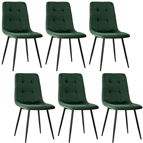 JIJIAN Set di 6 Sedie da Pranzo in Velluto, Sedie da Cucina Moderne Imbottite con Gambe in Metallo Nero, Design a Quadri, per Sala da Pranzo e Cucina, Verde Scuro