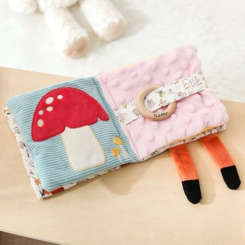 WOODEN TEETHER Babybuch Stoffbuch mit Spiegel, Baby Spielzeug 0-6 Monate Sensorisches Buch - Interaktive Fühlbuch Knisterbuch Babyspielzeug Geschenke für Neugeborene - Elefanten (Personalisierung)