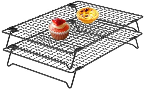 2-våningar vikbart rostfritt stål köksgaller rektangulärt galler non-stick kylgaller stapelbar platsbesparande kylning och stekning för cupcake kakor grillning rostfri diskmaskinssäker 34 x 24 x 5,7