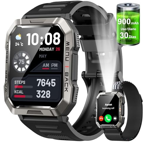 Reloj Inteligente Hombre, 2.01 Smartwatch Hombre con Linterna y Brújula, Smartwatch con Llamadas Bluetooth, 100+ Modos Deportivos, 2 Correas, IP68 Impermeable Reloj Inteligente para Android iOS