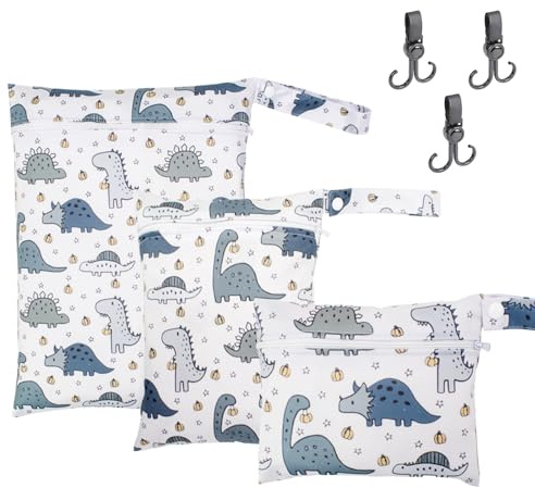VEGCOO 3 Pcs Dinosaur Pattern Nappy Bags, Waterproof Wet Dry Bag Reusable Washable Cloth Diaper Swim Nappy, Organiser Bag for Baby Items for Camping Swimming Beach Travel, with Hook (3A)