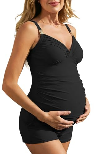 Summer Mae Maternity Two Piece Swimsuit Tankini with Pockets Gold Metal Bathing Suit Front Cross V Neck Pregnancy Swimwear Black 10