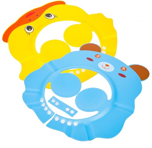 Angoily Gorro de Ducha Ajustable para Ñiño Protección Auditiva, 2 Unidades (amarillo Pato Azul Oso), Gorro de Champú Infantil para Baño y Lavado de Cabello, Diseño de Dibujos Animados