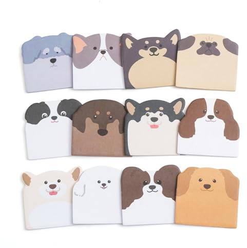NiceNaiils 12-pack djur-klisterlappar 240 ark kawaii hundmönster, självhäftande anteckningar för böcker, kontor och skola, födelsedagsdetaljer, barn, skola, brevpapper och brevpapper presenter