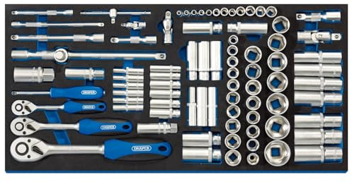 Draper 63540 1/4, 3/8 and 1/2 Socket 84 Piece Set in Full Drawer Eva Insert Tray, Blue
