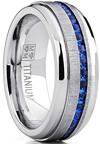 Metal Masters Men's Titanium Wedding Band Engagement Ring W/Blue Simulated Sapphire Cubic Zirconia Princess CZ 11