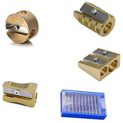 COMPLETE SET 4 Styles of Mobius + Ruppert (M+R) Brass Pencil Sharpeners + 10 Replacement Blades - Finest in the world - MADE IN GERMANY