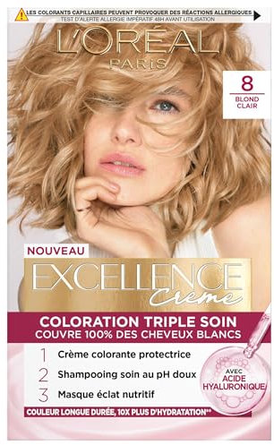 L'ORÉAL PARIS - Colorazione permanente per capelli tripla cura - copre 100% dei capelli bianchi - crema eccellente - sfumatura: biondo chiaro (8)